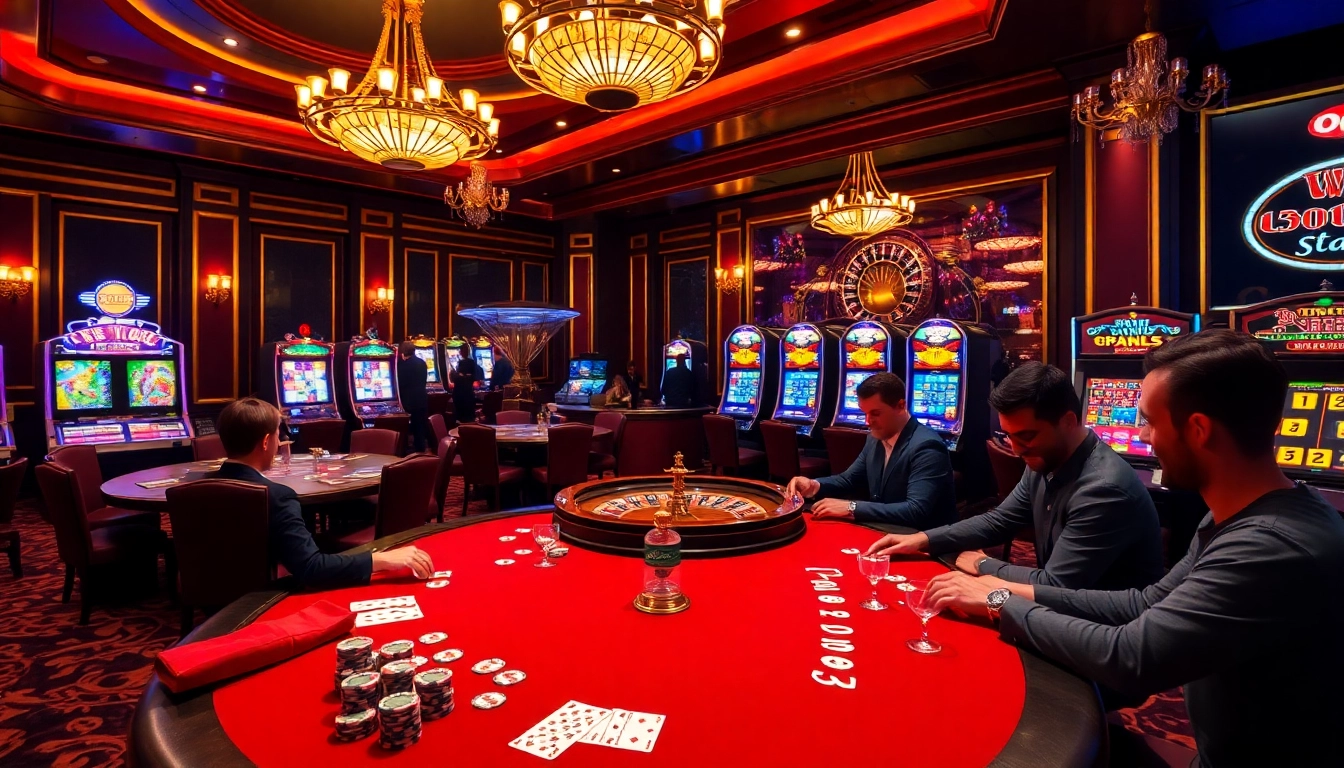 Experience the excitement of OKWIN with players at a poker table in a luxurious casino setting.