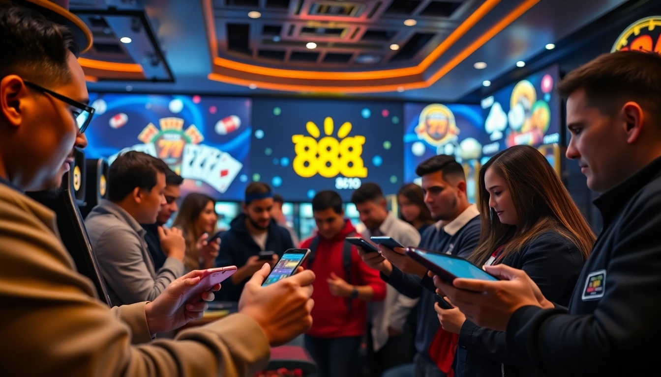 Exciting online gaming experience at new88go.com with diverse players and dynamic sports betting visuals.