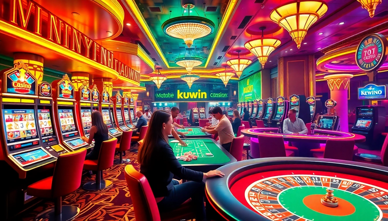Kuwin players enjoying slots and poker in a luxurious casino setting, showcasing excitement and anticipation.
