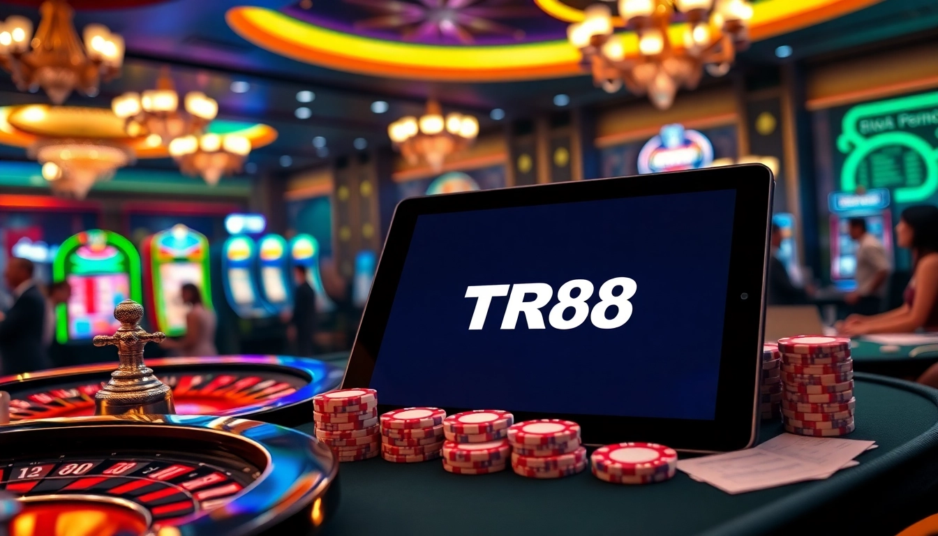 Players engaging with TR88 online gambling platform surrounded by vibrant casino elements.