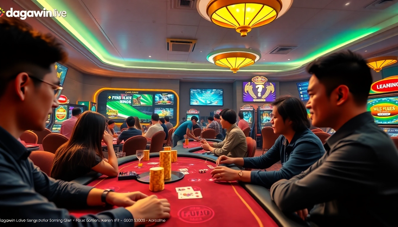 Experience the thrill of online gaming at dagawin.live, showcasing live action from cockfighting and casino games in a vibrant setting.