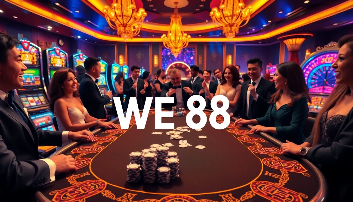 Engaging casino event at WE88 with players excitedly betting at a poker table surrounded by slot machines.