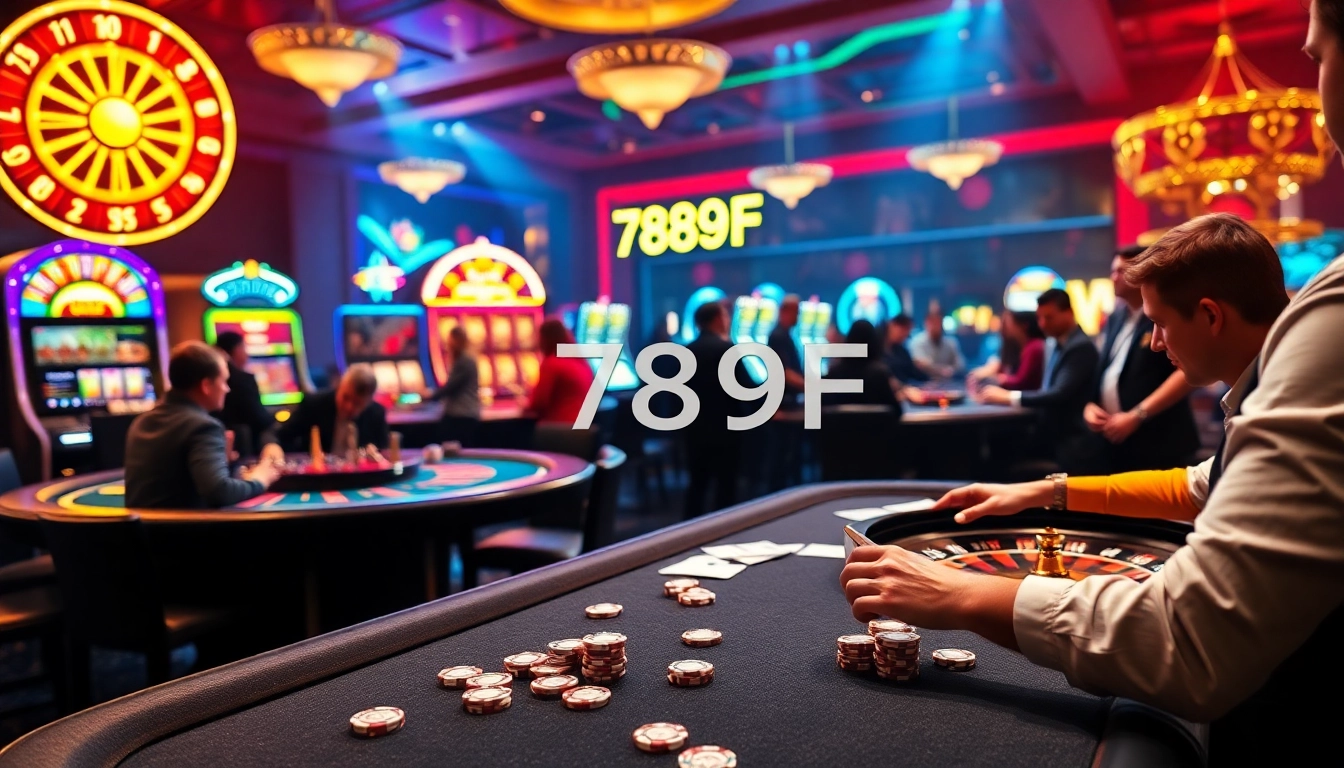Players enjoying an exciting game at 789F casino tables with vibrant roulette and slot machines.