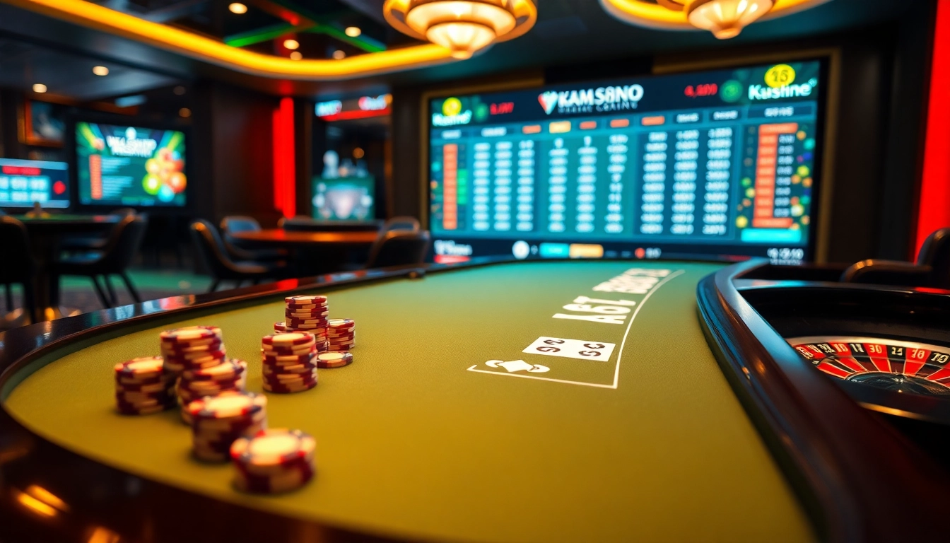 Experience excitement at km1888b with a luxurious casino table showcasing poker chips and cards.