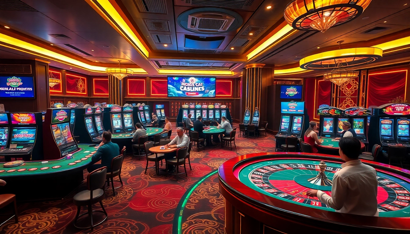 Gambling excitement at Nhà Cái 68VIP casino with vibrant slot machines and poker action.