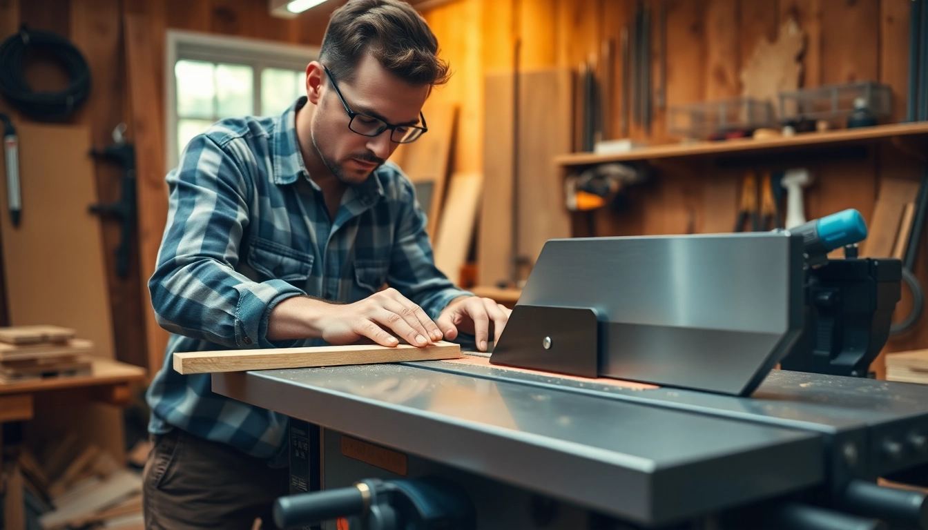 Woodworker using a precision table mitre saw in a warm workshop setting.