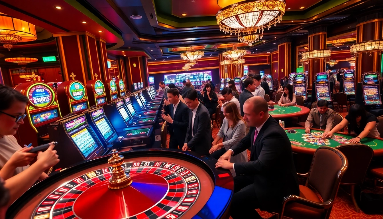 Exciting gambling experience at QQ88 COM with players at a roulette table and slot machines.