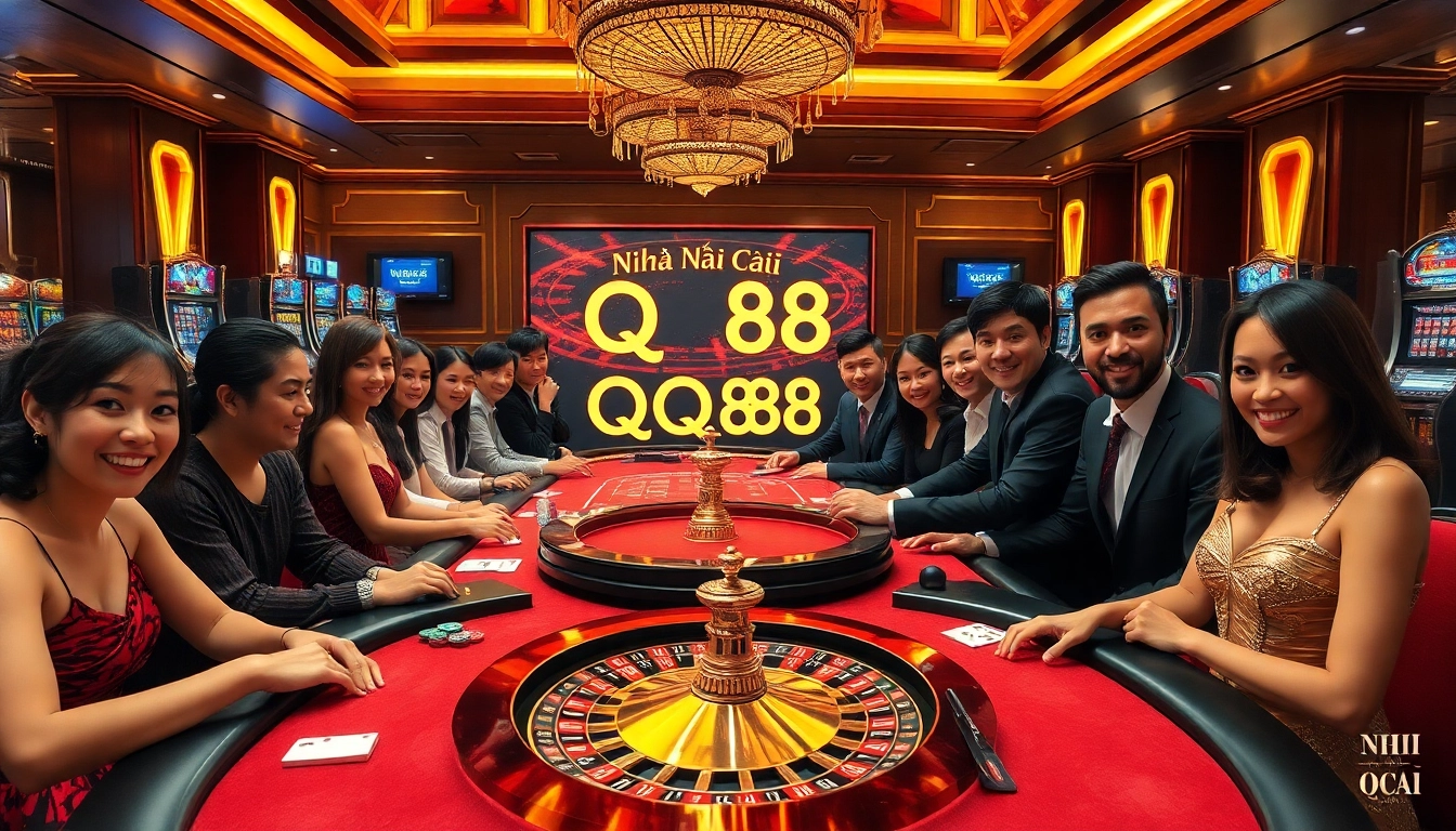 Exciting scene at Nhà Cái QQ88 with glamorous casino games, engaging players at poker and roulette tables.