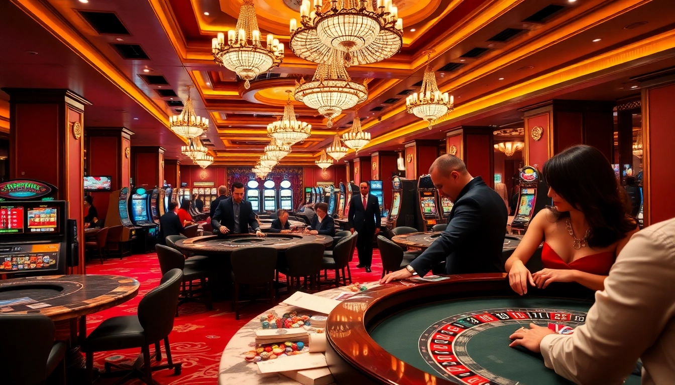Experience the excitement of 23win with gamblers at vibrant casino tables and elegant decor.