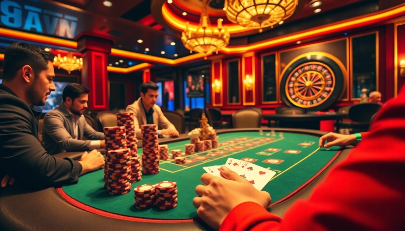 Engaged players strategizing at a poker table in a luxurious casino setting, representing the excitement of 98win.