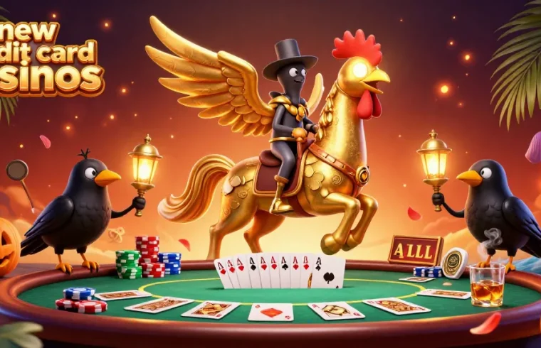 Experience excitement at new credit card casinos with a vibrant 3D casino scene featuring a golden rooster and poker elements.