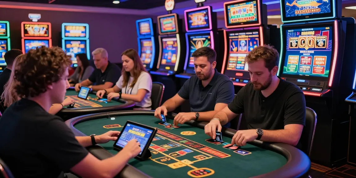 Players enjoying games at credit card casinos, showcasing vibrant slot machines and engaging with modern gaming technology.