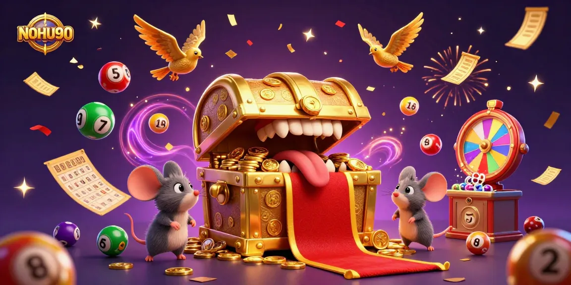 Experience the excitement of NOHU90 with adventurer mice and colorful lottery elements in this vibrant casino scene.