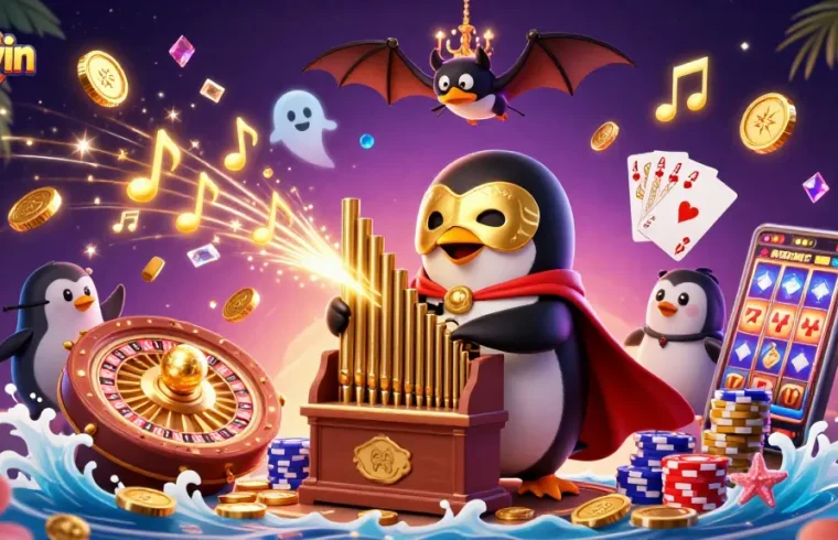 Playing games at Sunwin with a penguin organist showering golden coins and fun game elements.
