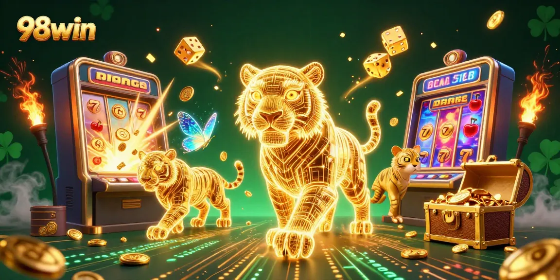 Engage with the vibrant 98win gaming scene featuring a dynamic digital casino atmosphere and a golden tiger.