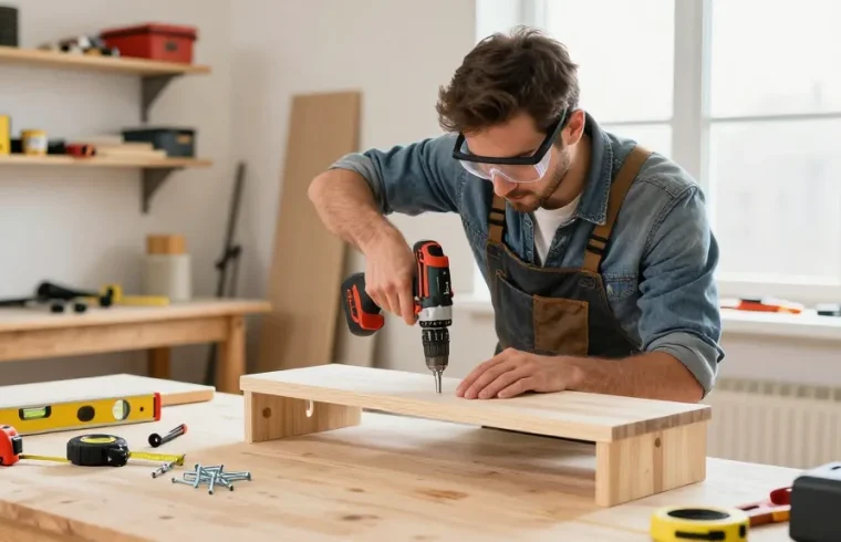 Person using a Stanley drill in a bright workshop for DIY woodworking.